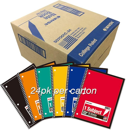 KAISA 1 Subject Spiral Notebooks, 70 Sheets College Ruled 10.5"x8" Paper, Note Books Home School Supplies for Students Office, 1Carton of 24pcs