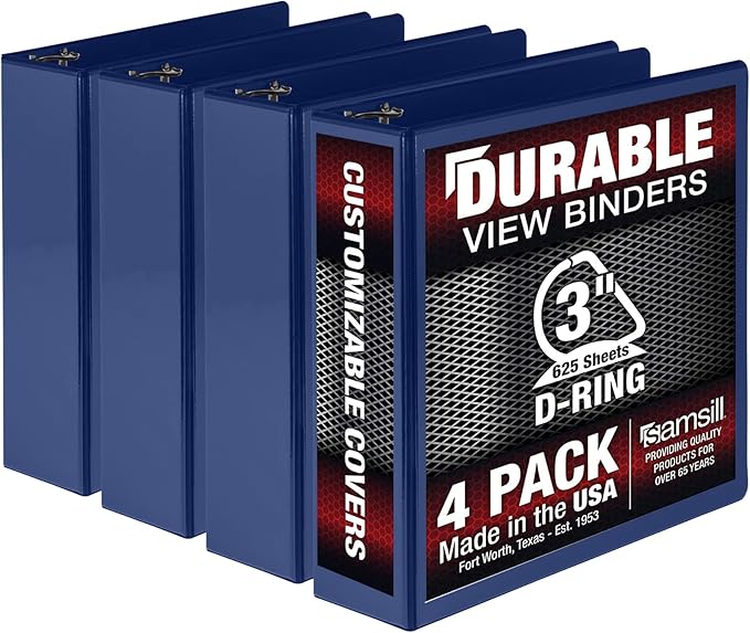 Samsill Durable 3 inch 3 Ring Binder, Made in USA, D Ring Binder, FSC 100% Recycled Chipboard, Blue, 4 Pack
