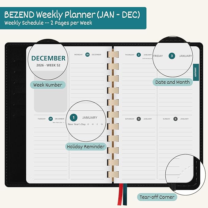 BEZEND Pocket Calendar 2026 Weekly and Monthly (Soft Spiral-4.25" x 6.75") Two Pages per Week Planner Runs Jan to Dec, Pen Holder, Card Slots & Refillable Vegan Leather Softcover - Evergreen