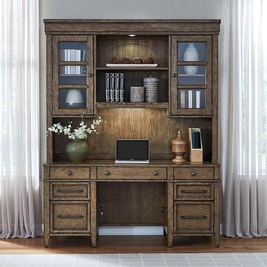 Liberty Furniture Carolina Park Credenza & Hutch with LED Light, Keyboard Tray, File Storage for Home Office- Amber Brown Oak Wood
