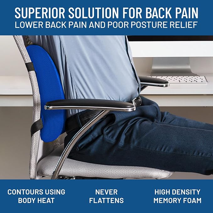 Everlasting Comfort Lumbar Support Pillow for Office Chair - Memory Foam Back Cushion for Car Seat - Promotes Better Posture, Back Pain Relief - Ideal Gaming and Desk Chairs Work and Home Essentials