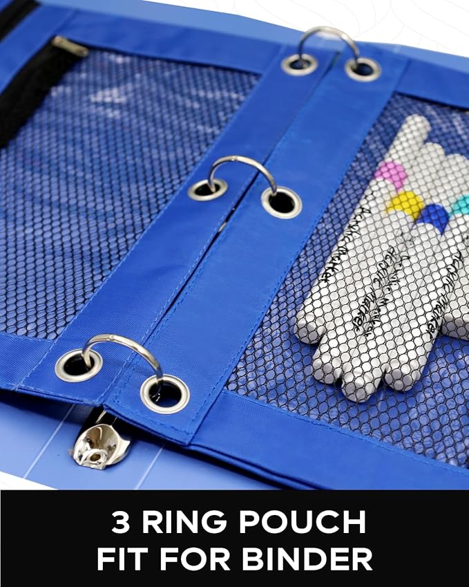 3 Ring Binder Pencil Pouch - School Pencil Case with 2 Zippered Pockets, Clear Mesh Window Pencil Bag, B5 Size, Back to School Gifts (Blue)