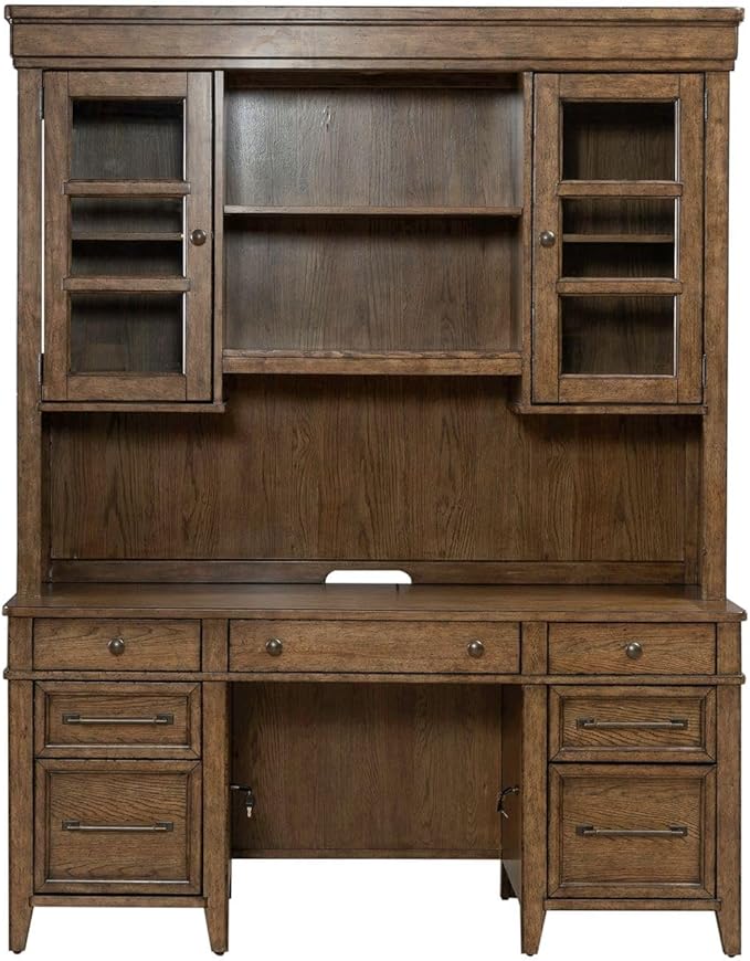 Liberty Furniture Carolina Park Credenza & Hutch with LED Light, Keyboard Tray, File Storage for Home Office- Amber Brown Oak Wood