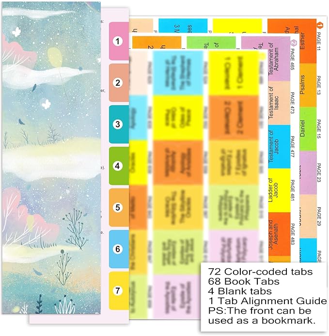 Index Tabs for The Complete 100-Book Apocrypha,2024 Edition 72 Color Coded Laminated Durable Tabs, 68 Books Chapter Tabs, 4 Blank Tabs,1 Placement Guide Card (Book Not Included)