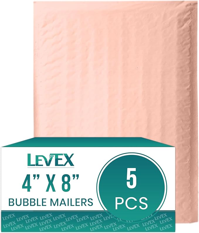 Levex - #000 4" x 8" [5 Pack] Light Pink Poly Bubble Mailers, Padded Envelope Mailers, Packing Envelope & Mailing Bags for Shipping