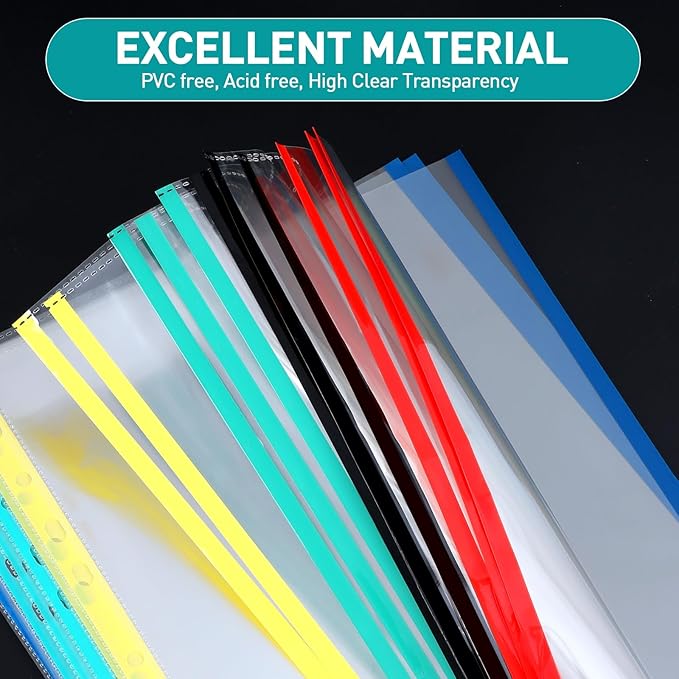 Sheet Protectors, PANDRI 200 Pack Color Heavy Duty Plastic Page Protectors Sheet Reinforced 11-Hole Fit for 3 Ring Binder Fits Standard 8.5 x 11 Paper, 9.25 x 11.25 Top Loaded, Excluding Acid