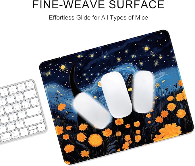 Auhoahsil Mouse Pad, 12 x 10 in Van Gogh Style Cat Theme Computer Mouse Pad for Desk, Premium-Textured Non-Slip Rubber Stitched Edges Waterproof Square Mouse Mat for Gaming Work Wireless Mice