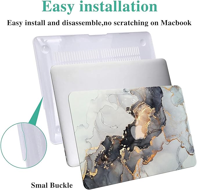 KEROM Compatible with MacBook Air 13 inch Case 2021 2021 2020 2019 2018 Release M1 A2337 A2179 A1932, Protective Plastic Hard Shell Case & Keyboard Cover, Has Logo Cutout, Blue Gold Marble