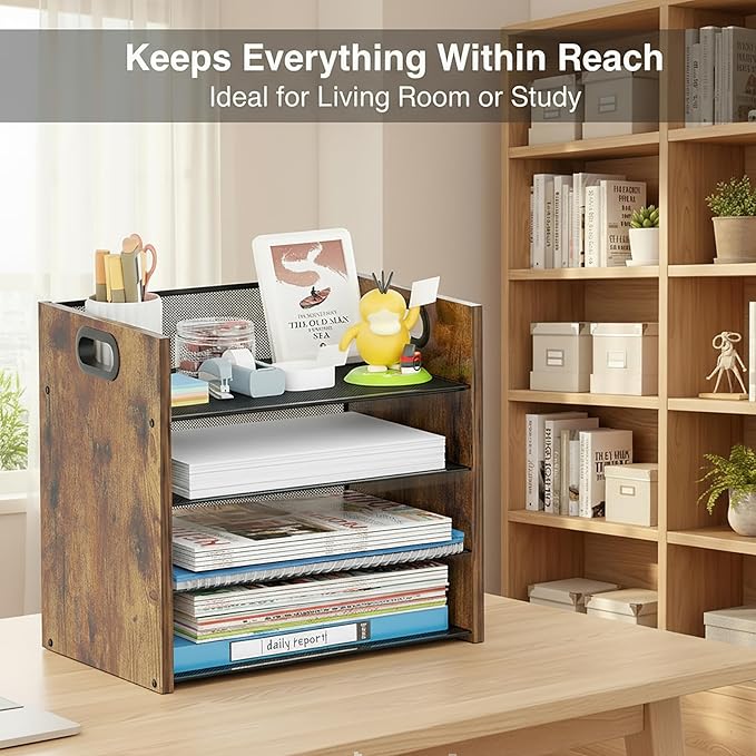 Wood Desk Organizer - 4-Tier Desktop File Organizer, Wooden Paper Organizer, Office Desk Organizer for Papers, Mail, Notebooks, Stationery