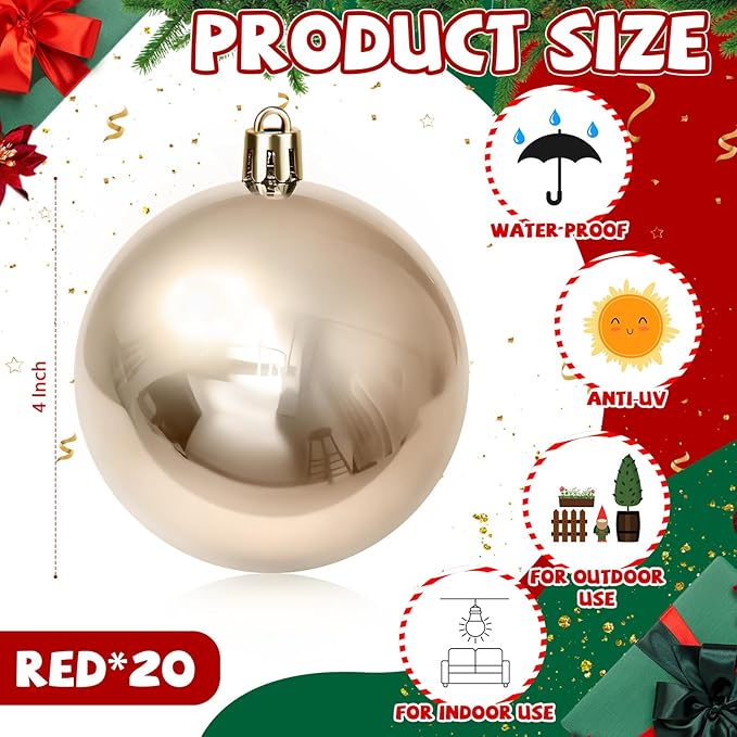 40 Pcs Christmas Ball Ornaments 4 Inch UV Resistant and Waterproof Shatterproof Shiny Plastic Christmas Tree Hanging Ornaments Decoration for Indoor Outdoor Holiday Party(Champagne Gold)