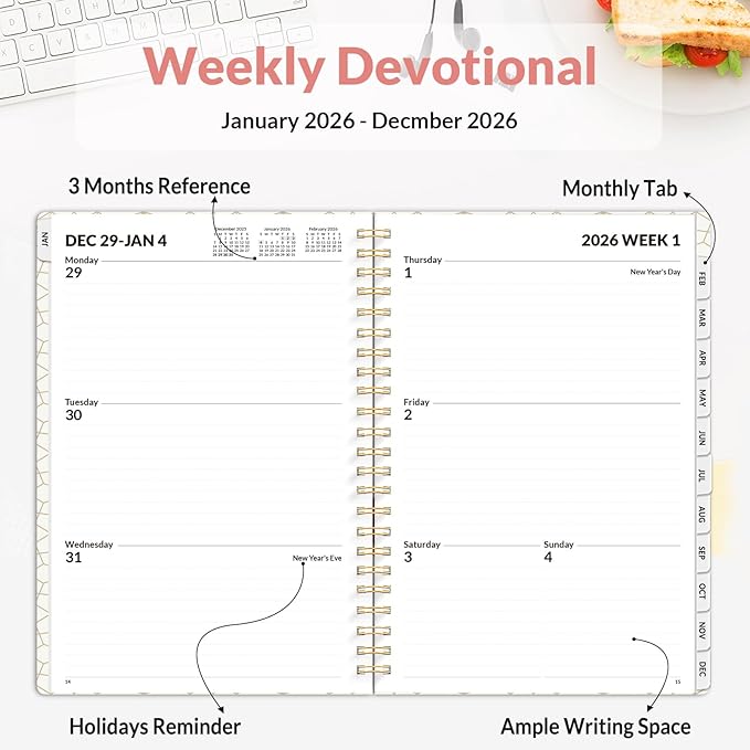 SUNEE Planner 2026 Weekly and Monthly, January 2026-December 2026, 6.4"x8.3", Tabs, Note Pages,Spiral Binding, Pink