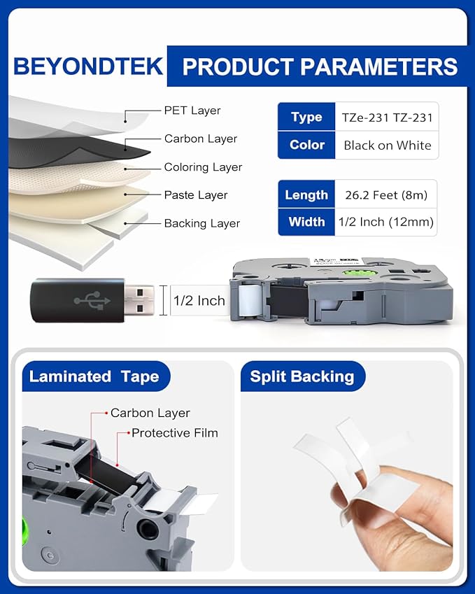 PTD210 Tape TZe131 TZe231 TZe431 TZe531 TZe631 TZe731 P Touch Label Tape 12mm 0.47 Laminated Tape Compatible P-Touch PTH110 PTH100 PTD210 PTD200 PTD400AD PTD600 Label Maker (6 Pack Combo Set)