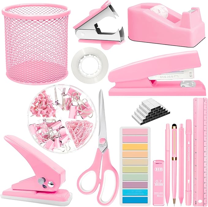 Pink Desk Accessories Set - 16 Pcs Pink Office Supplies with Stapler, Tape Dispenser, Pen Holder, Staple Remover, Hole Punch, Practical Aesthetics Desk Sets for Office, Home, School Women