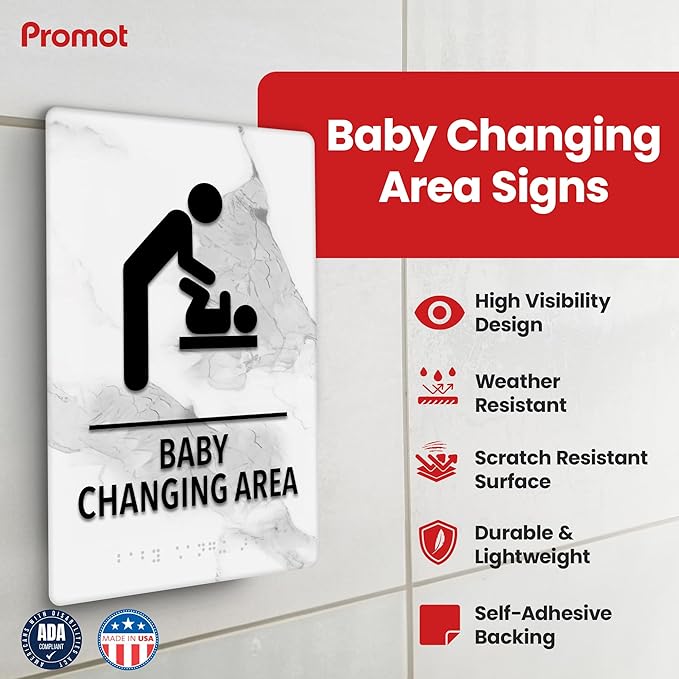 Promot Baby Changing Area Restroom Sign – ADA Braille Bathroom Sign for Business, Self-Adhesive, 9" x 6", Commercial Door Signage, Office Wall Decor - Marble Quartz