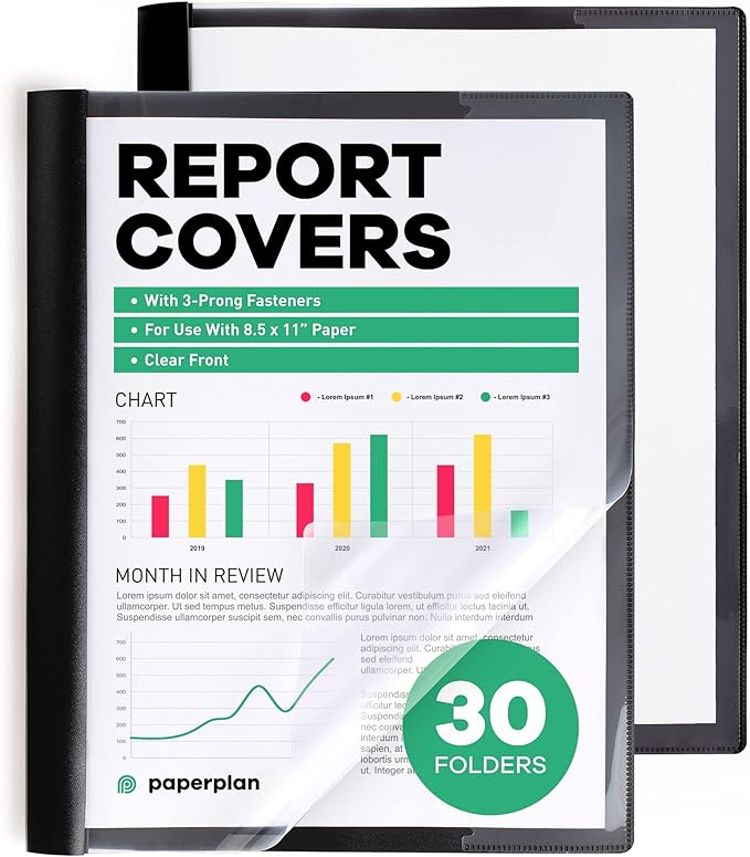 Report Covers - (30 Set), 8.5 x 11 Letter Size, 3-Prong Fasteners, Clear Front Plastic Folders - Perfect for Presenting Resumes, Proposals, and More with Professionalism