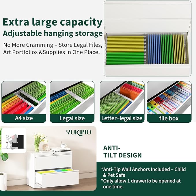 2 Drawer Lateral File Cabinet with Lock, 26.77“W File Cabinets for Home Office Legal/Letter A4 Size, File Cabinet Storage Cabinet,Require Assembly, White