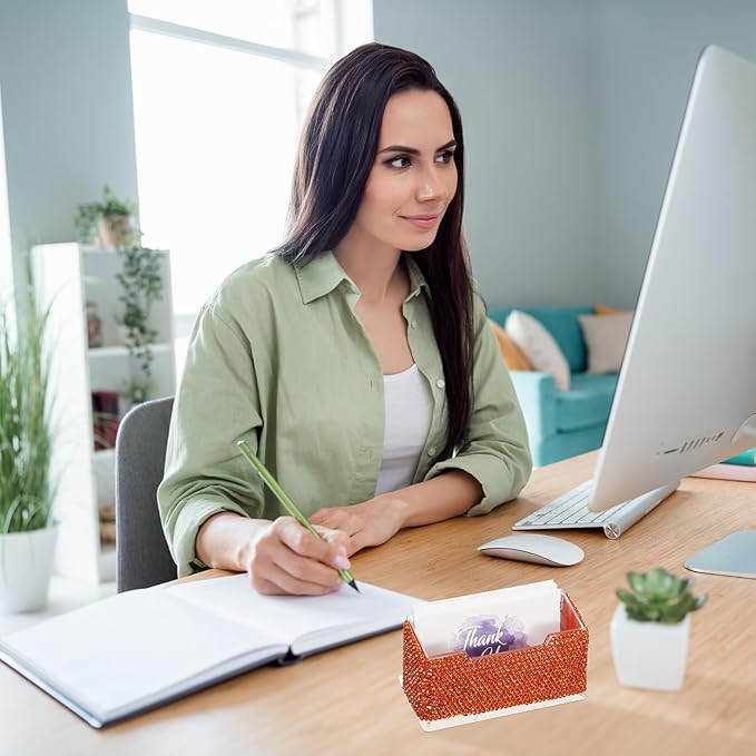 PATIKIL Rhinestone Business Card Holder, Crystal Business Card Holders Bling Business Card Organizer Display Stand for Desktop Desk Office Exhibition, Light Red
