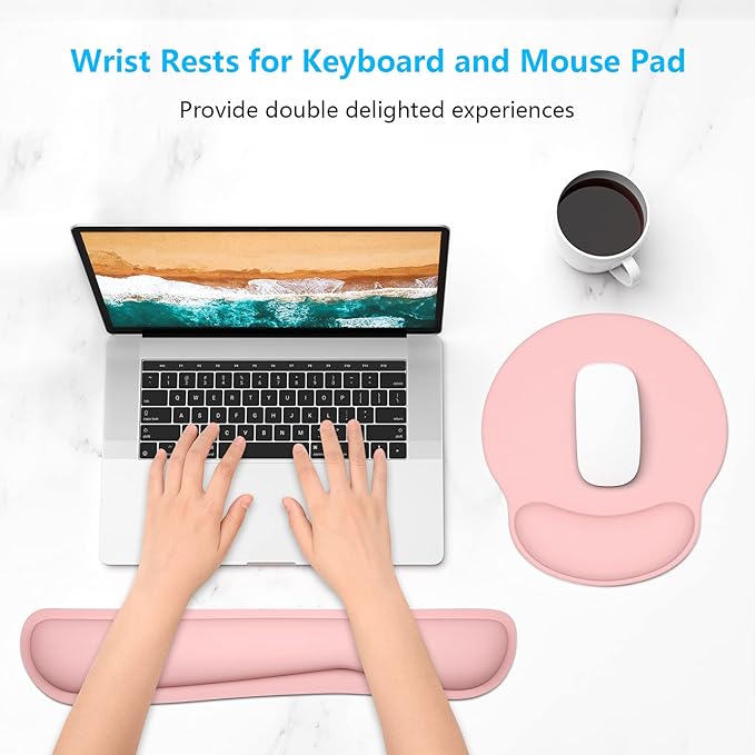 Dapesuom Keyboard Wrist Rest and Mouse Pad with Wrist Support, Memory Foam Cushion for Keyboard and Mouse Set, Ergonomic Desktop Pad Rests with Non Slip Base for Easy Typing & Pain Relief, Rose Pink
