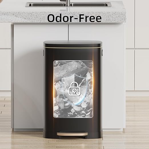 KUK 13 Gallon Kitchen Trash Can with Lid, 50L/13Gal Office Step Garbage Can for Home, Kitchen, Laundry Room, Office, Brushed Stainless Steel, Black