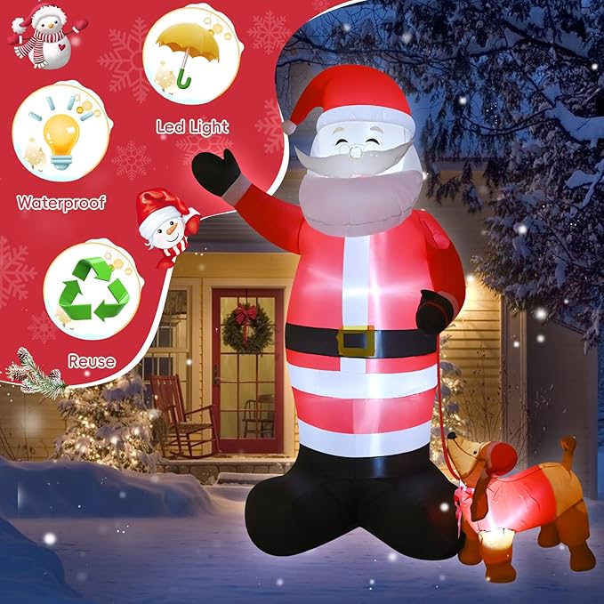 8FT Christmas Inflatable Santa Claus and a pet for Holiday Decoration, Giant Santa with Built-in LEDs,Xmas Blow-Up Decor for Indoor Outdoor Yard Graden Party Holiday Lawn