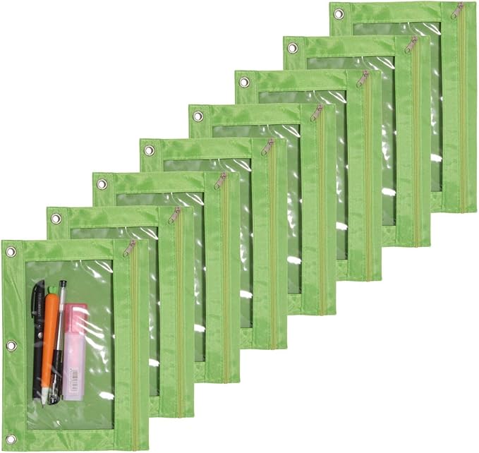 Zippered Pen Pencil Binder Pouch 3 Rings with Clear Window for School Classroom Organizers 8 Pcs (Green)