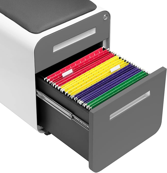 Laura Davidson Furniture STOCKPILE Mini Seated 2 Drawer Mobile File Cabinet with Removable Magnetic Cushion Seat - Short Version, Metal Filing Cabinet, Pre-Assembled, Dark Grey Face with Grey Cushion