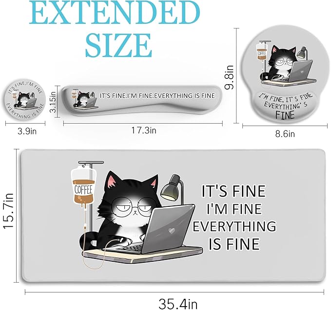 Cat Ergonomic Mouse Pad with Wrist Rest Desk Mat Sets Accessories, Cute Mouse Pads for Desk, Gaming Mouse Pad Wrist Support, Keyboard Mat Wrist Rest Cup Coaster Funny Office Desk Accessories