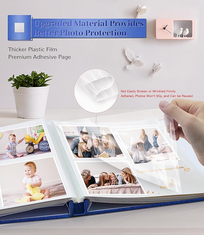 Photo Album Self Adhesive Scrapbook Album for 3x5 4x6 5x7 8x10 Pictures,120 Pages Linen Cover with Display Window DIY Photo Book,Ideal Gifts for Family Travel Wedding Baby