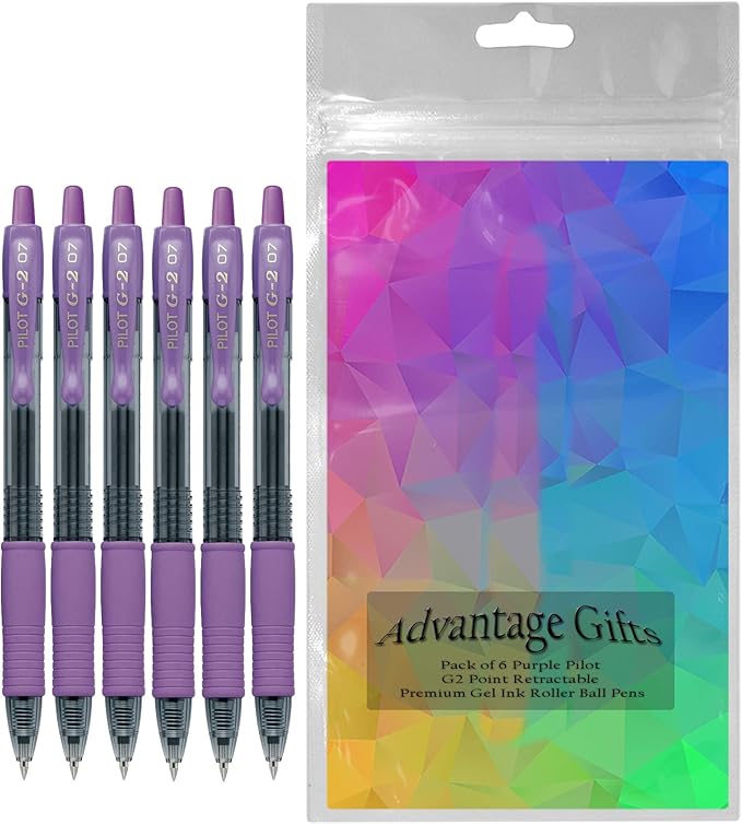 G2 Retractable Premium Gel Ink Roller Ball Pens Fine Point Fine Point (.7mm) Purple Ink 6-pk; Refillable & Premium Comfort Grip Bundle with Plastic Reusable Pouch