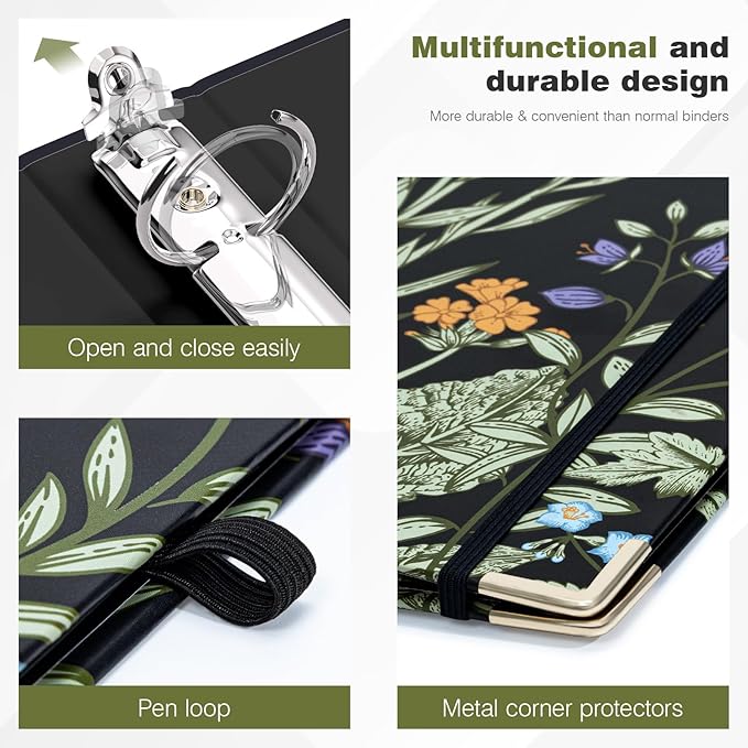 Ospelelf Binder 3 Ring 1 Inch, Floral Round Ring Clipboard Binder for Letter Size with 5 Tab Dividers, File Folder Labels, for School and Office Supplies