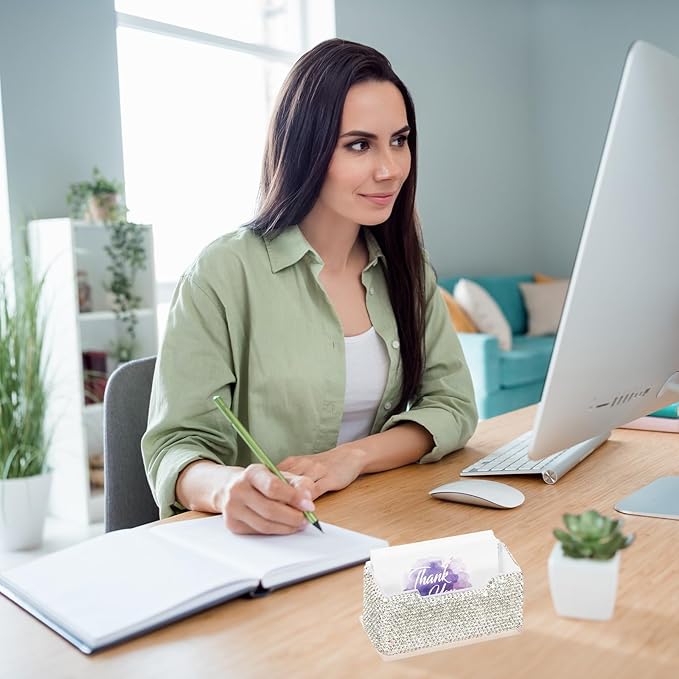 PATIKIL Rhinestone Business Card Holder, Crystal Business Card Holders Bling Business Card Organizer Display Stand for Desktop Desk Office Exhibition, White