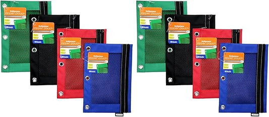 BAZIC Pencil Pouch 3 Ring Binder Pouch w/Rivet Enforced Rings Holes, Assorted Color Mesh Window Zipper Pouches, 1 Unit, Random Color (Pack of 2)