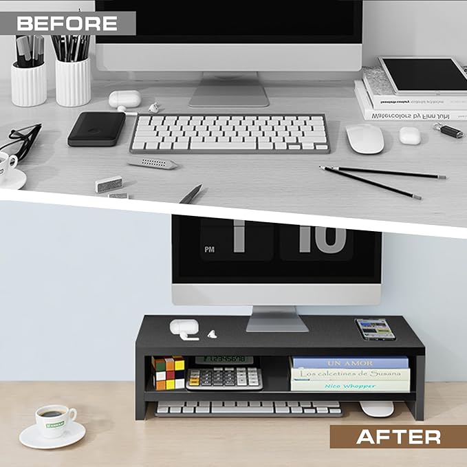 Monitor Stand Riser, 2 Tier Computer Stand, Desk Organizers and Accessories, Desktop Shelf with Storage for TV Screen PC Printer (Black-18.9inch)