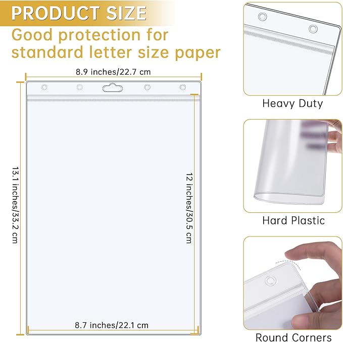 12PCS Hard Sheet Protectors 8.5 x 11 Waterproof Resealable Zip Paper Page Protectors Clear Rigid Plastic Sleeves for Photos Certificate, Heavy Duty Document Holder Wall Sign Holder, Vertical