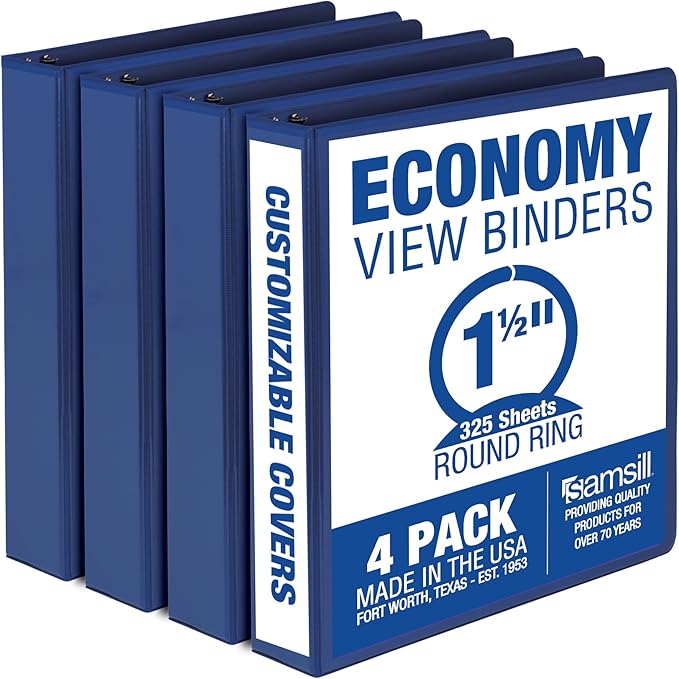 Samsill 1.5 Inch 3 Ring Binders, Made in USA, Economy Round Ring, Clear View Cover, 325 Sheet Capacity - for School, Home, Office - Blue, 4 Pack