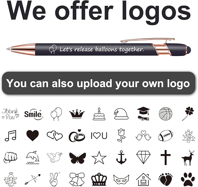 12-960 Custom Pens, personalized text and logo design, black ink, with touch pen tip, ideal for business, graduation gifts, and various events.