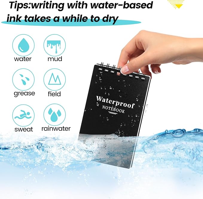6 Pack Waterproof Notebook, 3x5 Pocket Notepad, Small Top Spiral Stone-Paper Notepad, Mini Pocket Notebook, Little Memo Note Pads for Outdoor, Office, School, Travel (Black)