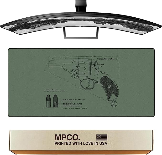 MPCO. Blueprints Large Gaming Desk Pad - 36" x 17" Duraglyde Fabric Pistol Webly Mark IV – Green Desk Mats - Non-Slip, Washable, Smooth Glide for Precision Gaming & Work