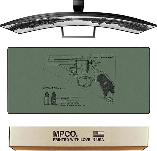 MPCO. Blueprints Large Gaming Desk Pad - 36" x 17" Aeroglyde Fabric Pistol Webly Mark IV – Green Desk Mats - Non-Slip, Washable, Smooth Glide for Precision Gaming & Work
