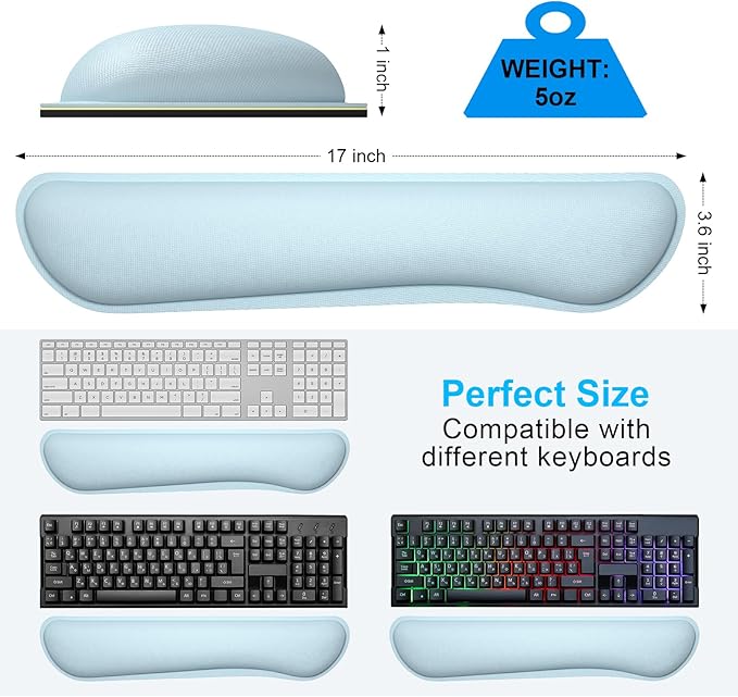 Dapesuom Enlarge Keyboard Wrist Rest, Memory Foam Keyboard Wrist Cushion for Computer Desk Mats Support, Typing Pain Relief Ergonomic Mouse Pad Rests with Non-Slip Base for Gaming, Laptop, Sky Blue