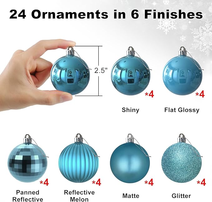 Baby Blue 2.5" Christmas Balls Christmas Tree Decoration Ornaments Shatterproof Hanging Balls for Birthday Halloween Holiday Wedding Decorations Set of 24pcs