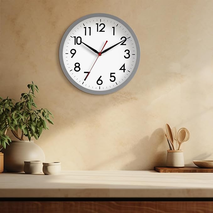 AKCISOT Wall Clock 10 Inch Silent Non-Ticking Modern Clocks Battery Operated - Analog Classic for Office, Home, Bathroom, Kitchen, Bedroom, School, Living Room(Gray)