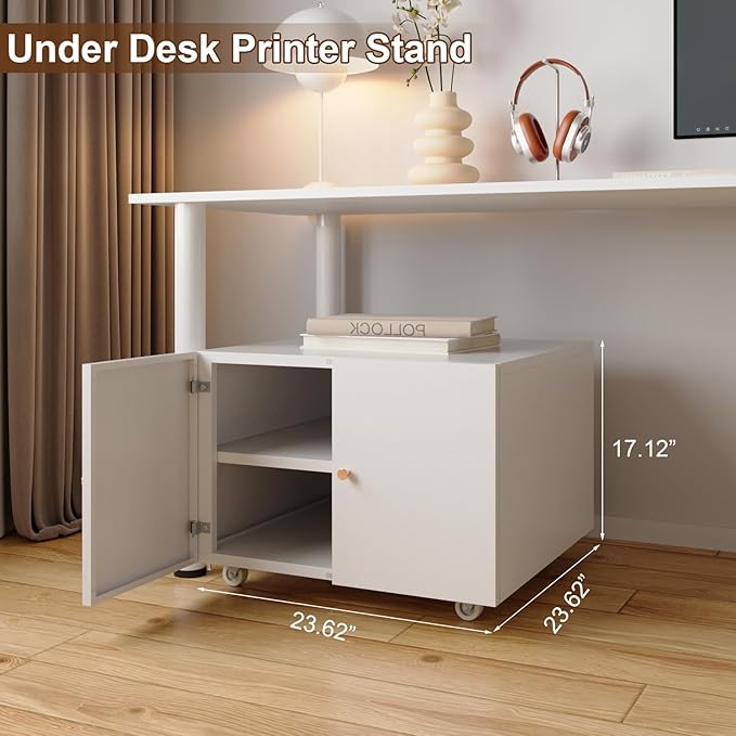 Under Desk Printer Stand with Wheels, Low Printer Stand Storage, Filing Cabinet with Paper Storage Shelf, File Carts with 2 Doors, Mobile Printer Holder for Home Office, School, White