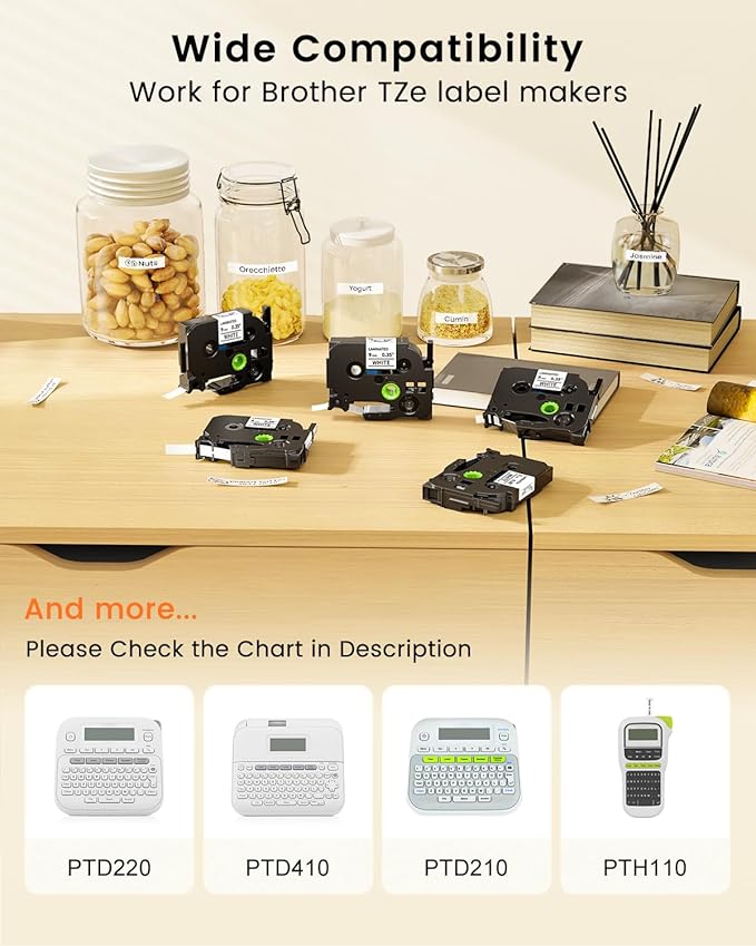 TZe-221 9mm 0.35 Laminated White Tape Replace for Brother P-Touch Label Tape 9 mm TZe Tz Black on White TZe221 AZe-221 for PT-D210 D200 1190 1750 Label Maker Refills 3/8 Inch, 6-Pack