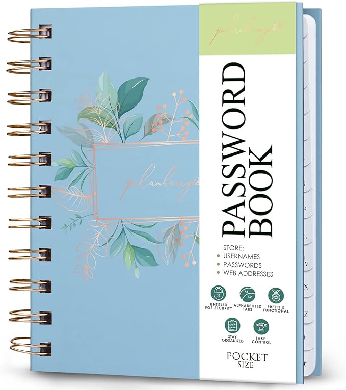 PLANBERRY Password Book Premium – Small Internet Address Organizer with A-Z Tabs – Pocket Website Password Keeper with Alphabetical Tabs – 4.7x5.7″, Hardcover (Spring Blue)