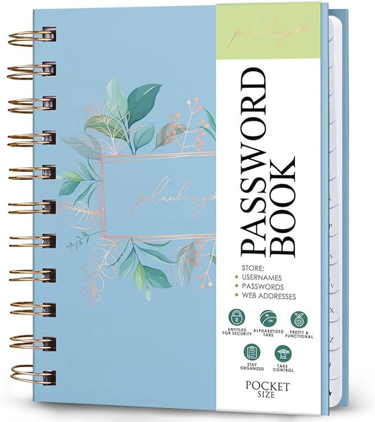 PLANBERRY Password Book Premium – Small Internet Address Organizer with A-Z Tabs – Pocket Website Password Keeper with Alphabetical Tabs – 4.7x5.7″, Hardcover (Spring Blue)