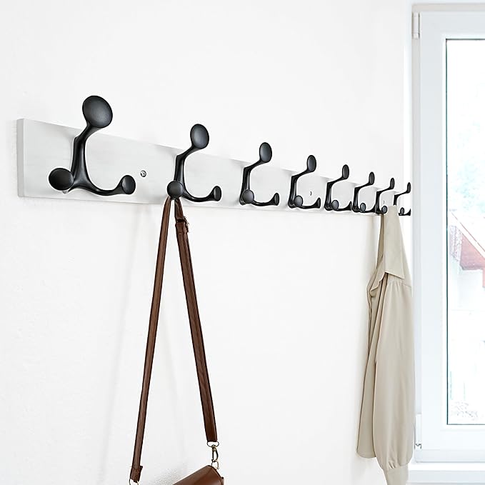 SKOLOO 43-Inch White Wood Coat Rack Wall Mount with 8 Triple Hooks - Ideal for Family Entrances, Classrooms, and Pet Supplies Storage - Perfect Coat Hooks for Wall