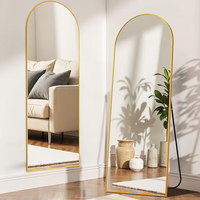 Simple Deluxe Arched Full Length Mirror, 64"×21" Large Mirror, Full Length Mirrors for Home Wall Decor, Arched Floor Mirrors with Stand for Bedroom Decor - Gold