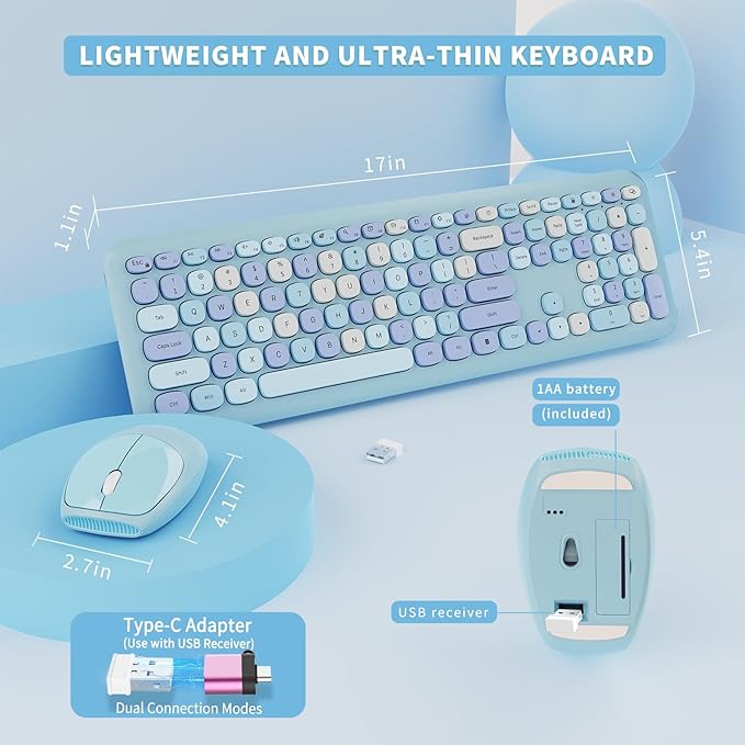 Wireless Keyboard and Mouse Combo, Colorful Ergonomic Full Size Retro Low-Noise Keyboard with Cute keycaps, Compatible with Windows, PC, Perfer for Home and Office Keyboards (Blue)