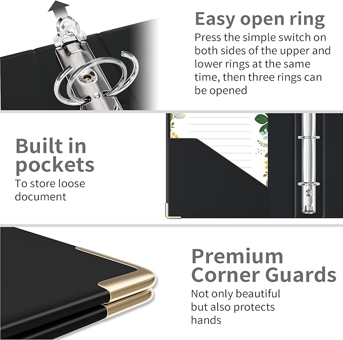 Ospelelf Mini 3 Ring Binder 1 Inch, Cute Binder for 5.5" x 8.5" with 5 Tab Dividers, File Folder Labels and Low Profile Clipboards, Black Binder for School Supplies and Office Supplies